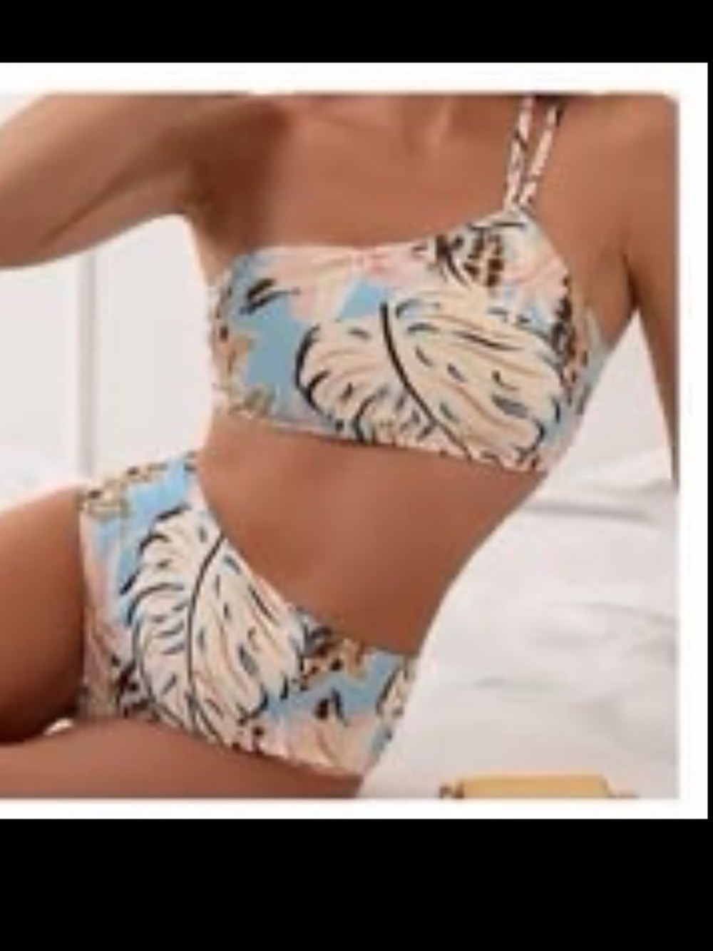 High-Waist Blue Floral One-Shoulder Bikini - Women Swim